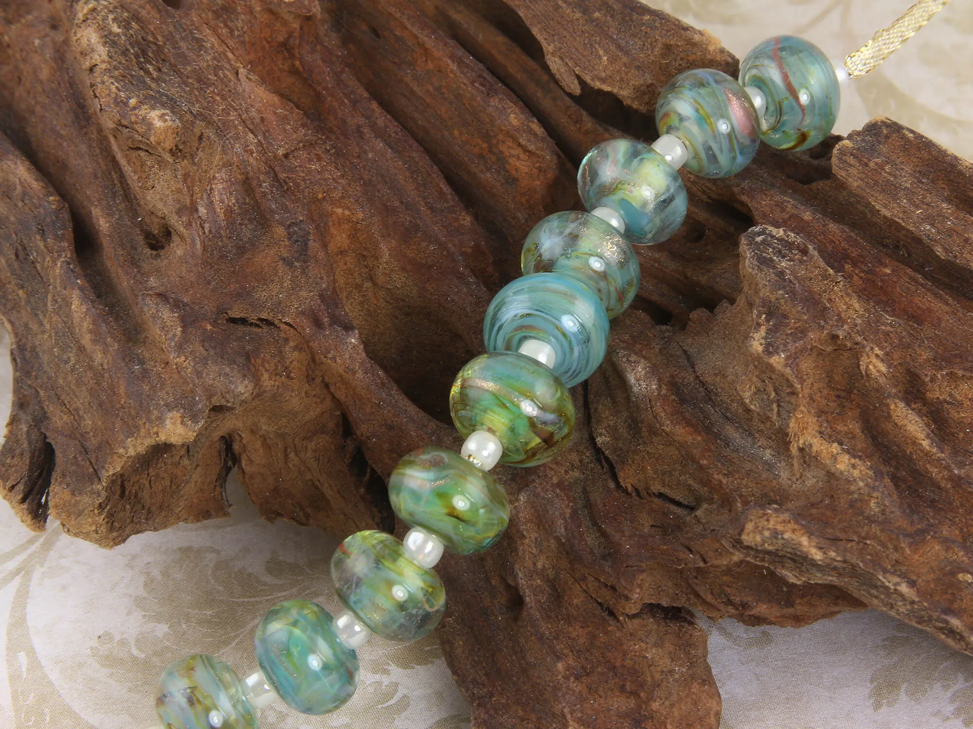 10 Shimmering Aqua Gold Lampwork Beads Set SRA