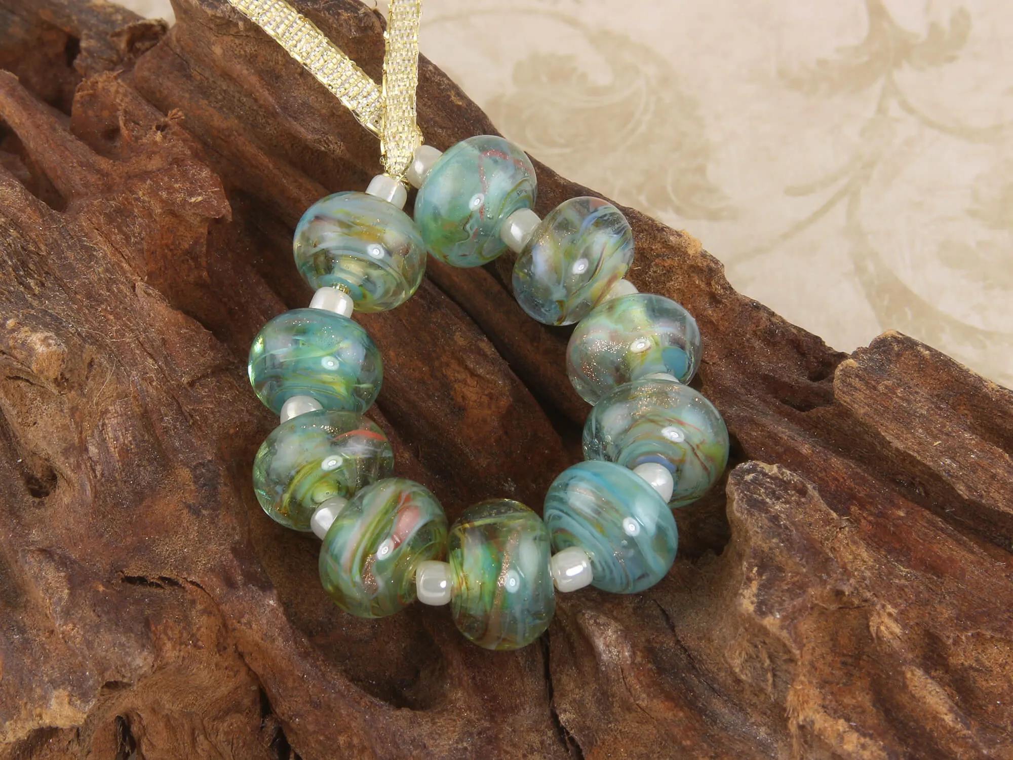 10 Shimmering Aqua Gold Lampwork Beads Set SRA