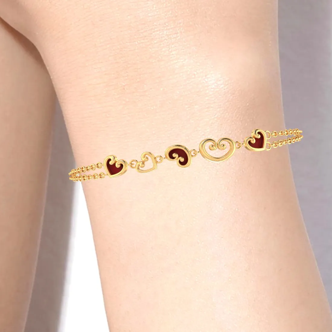 14k  Filled Multiple Maroon Hearts Gold   Bracelet