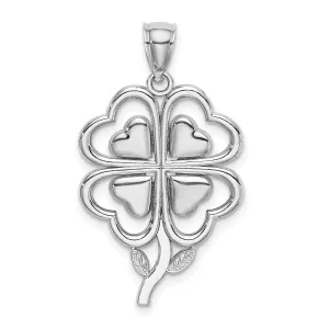 14K White Gold Open Back Polished Finish 4-Leaf Clover With Heart Design Charm Pendant