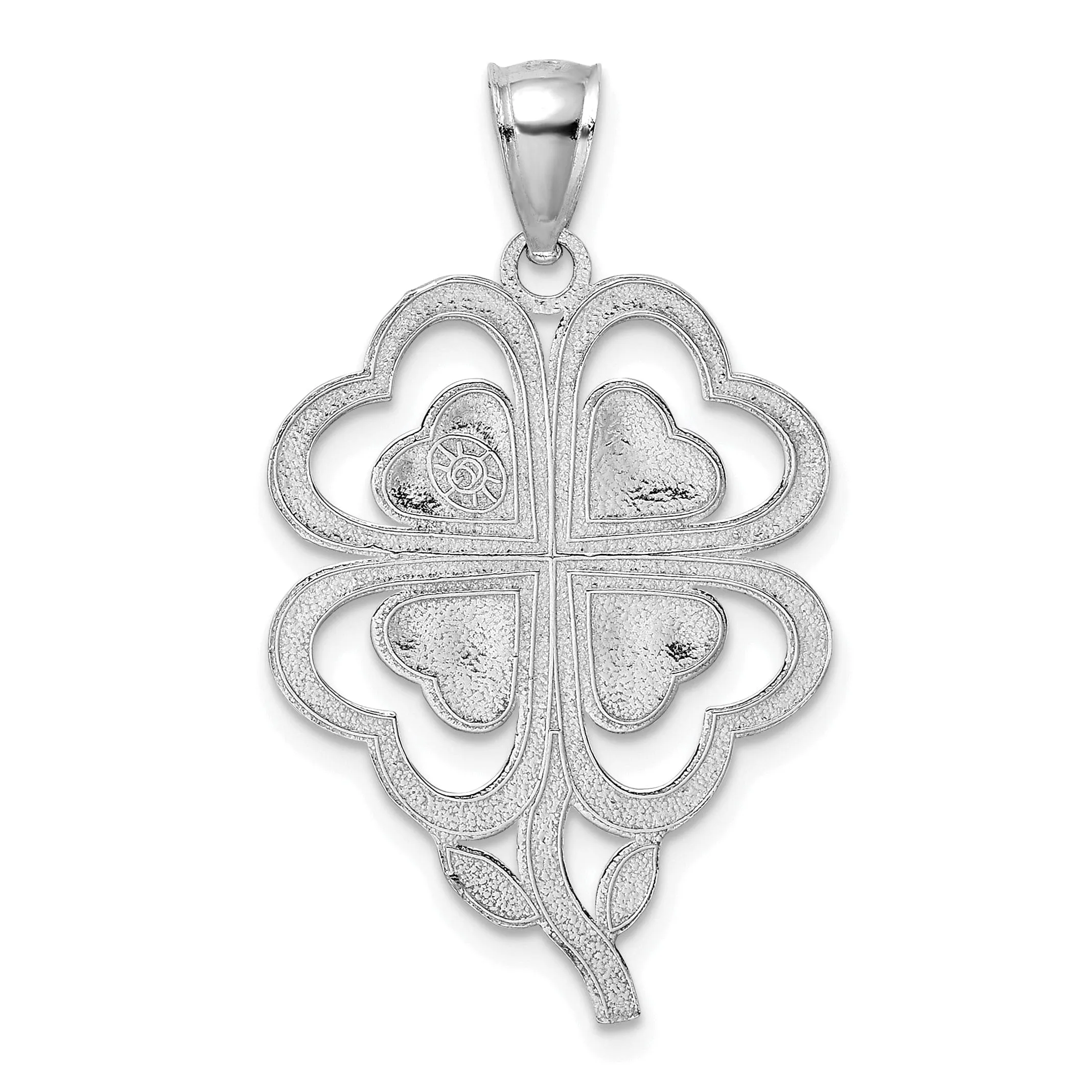 14K White Gold Open Back Polished Finish 4-Leaf Clover With Heart Design Charm Pendant