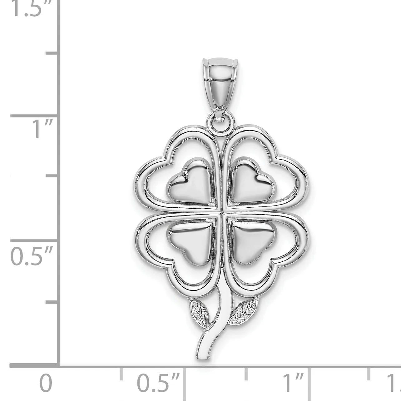 14K White Gold Open Back Polished Finish 4-Leaf Clover With Heart Design Charm Pendant