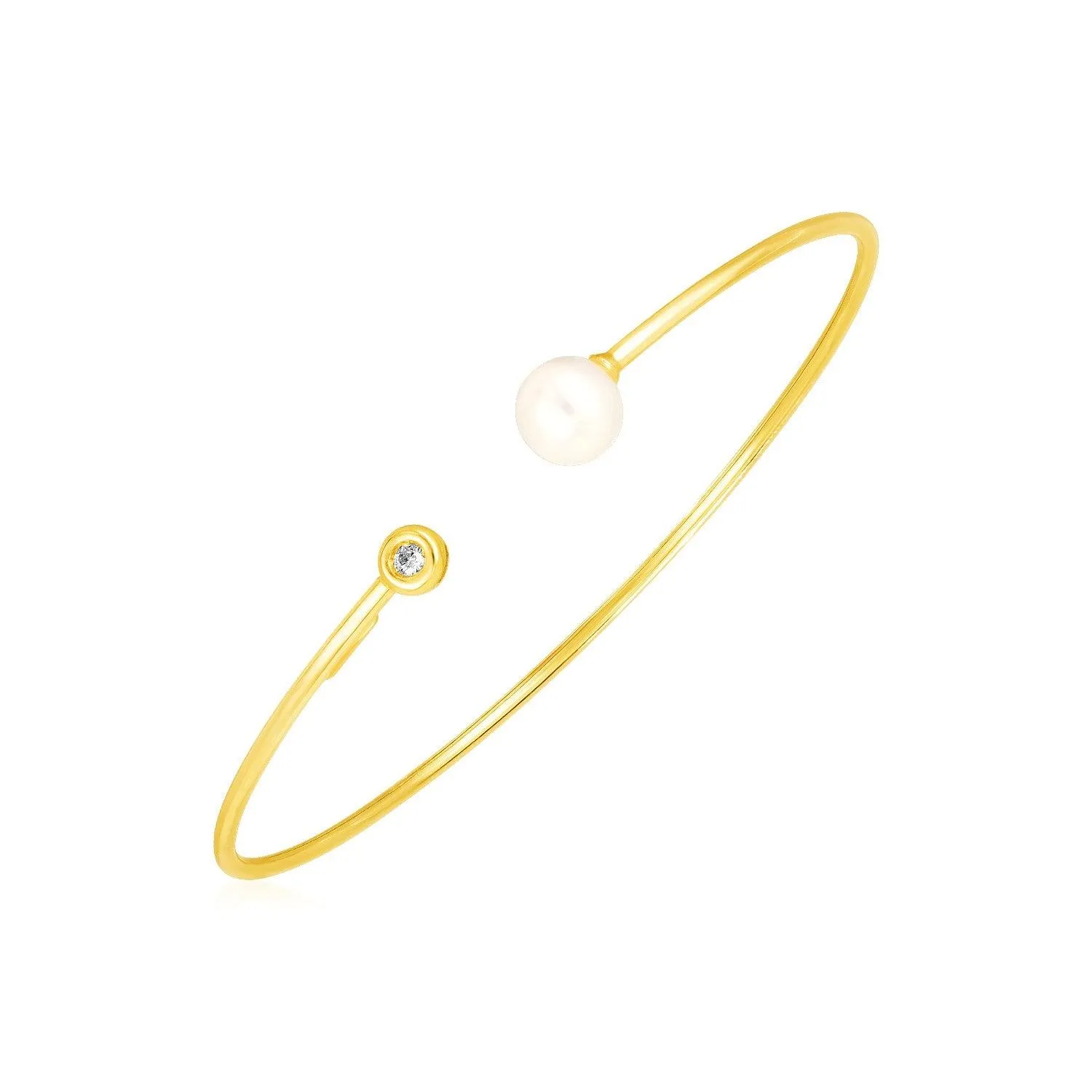 14k Yellow Gold Cuff Bangle with Pearl and Diamond