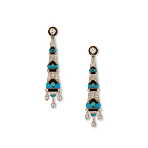 14K Yellow Gold Dangle Earrings with Diamonds, Black Onyx, Turquoise, and Syn Emerald