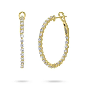 14K Yellow Gold Diamond Hoop Earrings, 1.40 inch Diameter