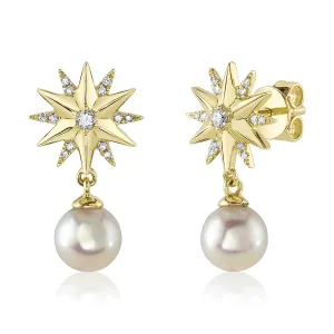 14K Yellow Gold Diamond Star and Cultured Pearl Dangle Earrings