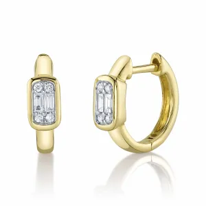 14K Yellow Gold Huggie Hoop Earrings with Baguette and Round Diamond Cluster Center