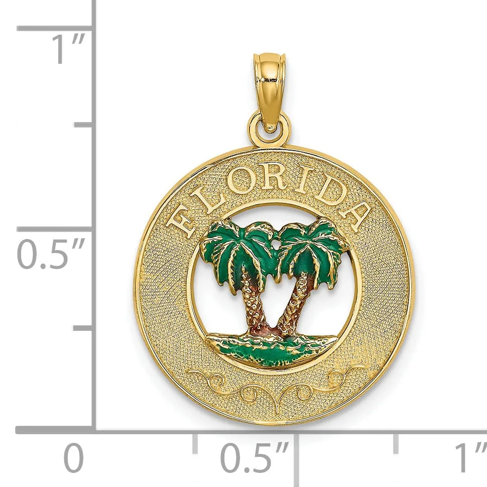 14K Yellow Gold Polished Textured with Green Enamel Finish FLORIDA Double Palm Tree in Circle Design Charm Pendant