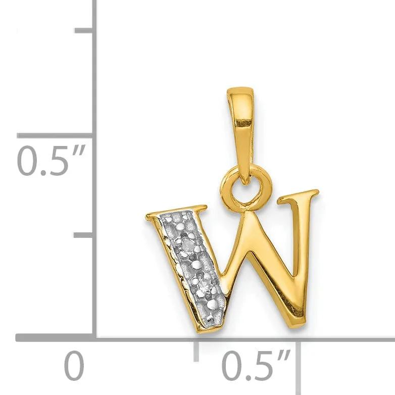 14K Yellow Gold Small 0.01CT Diamond Letter W Initial Block Pendant