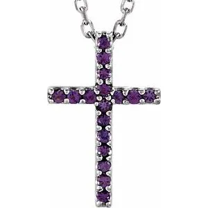 14K Yellow Natural Amethyst Petite Cross 16" Necklace