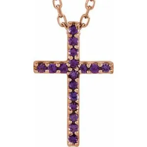 14K Yellow Natural Amethyst Petite Cross 16" Necklace