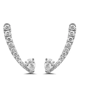 18K White Gold Curved Round Diamond Climber Earrings with Pear Diamond End