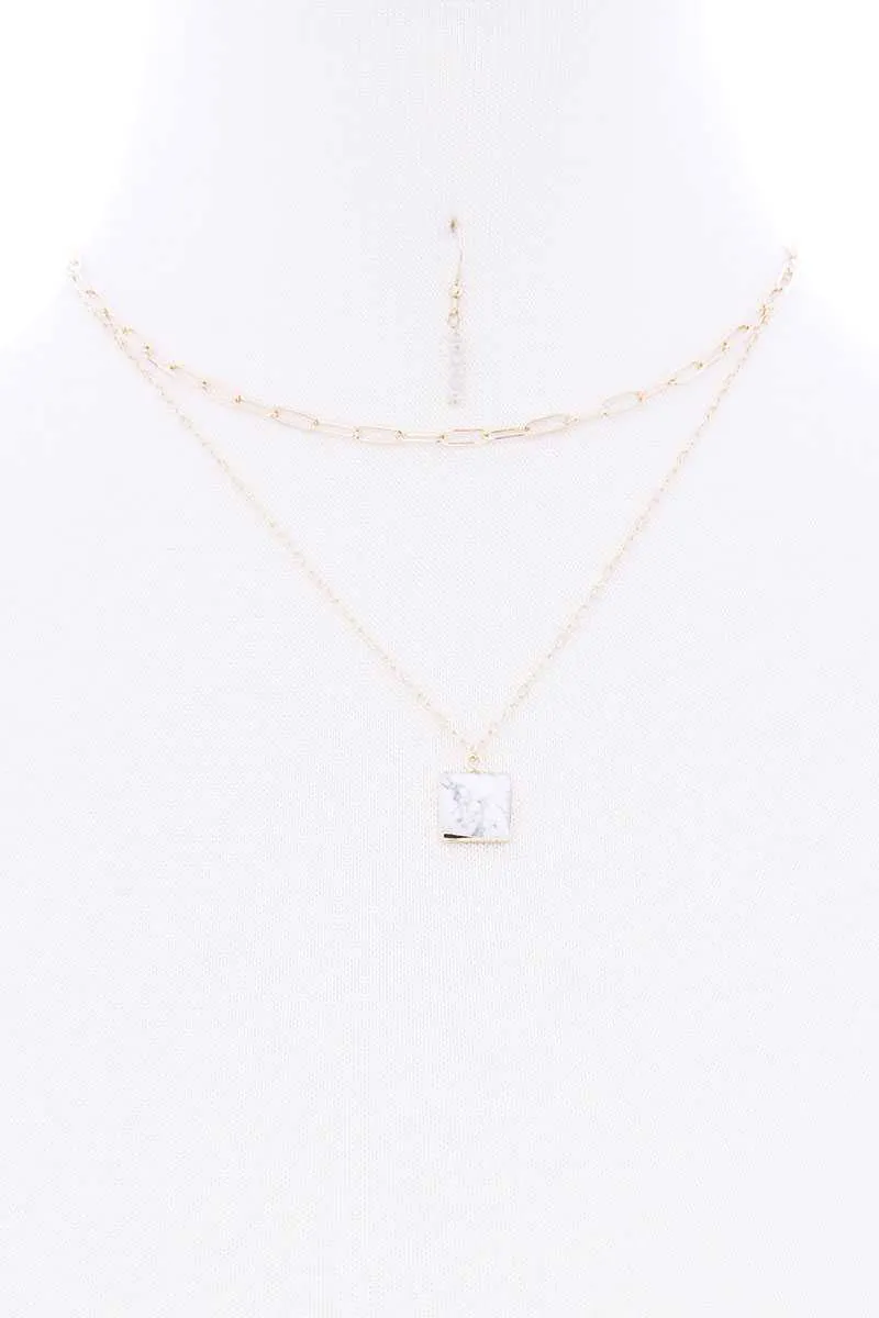 2 Layered Chain Metal Square Marbling Stone Pendant Necklace