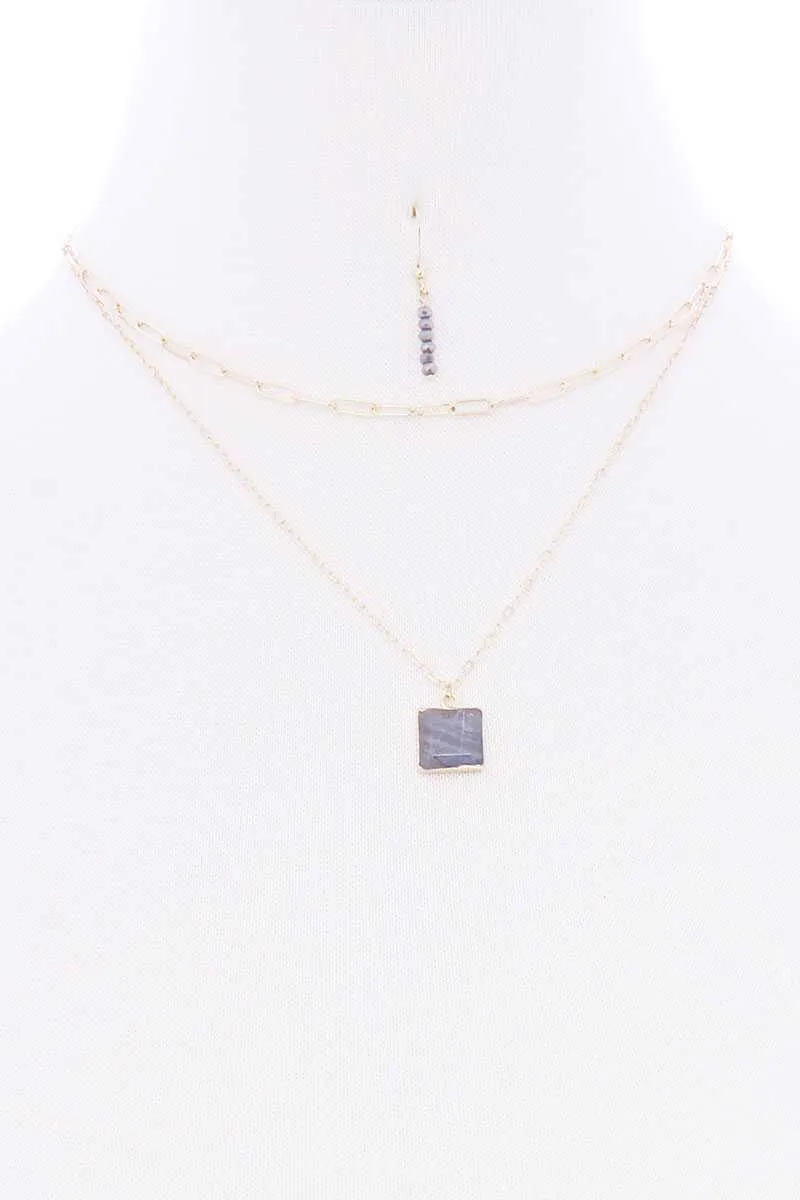 2 Layered Chain Metal Square Marbling Stone Pendant Necklace