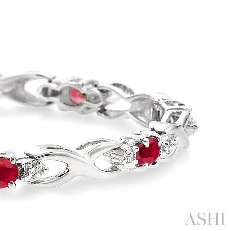 4x3 MM Oval Cut Ruby and 1/10 Ctw Single Cut Diamond Bracelet in 10K White Gold