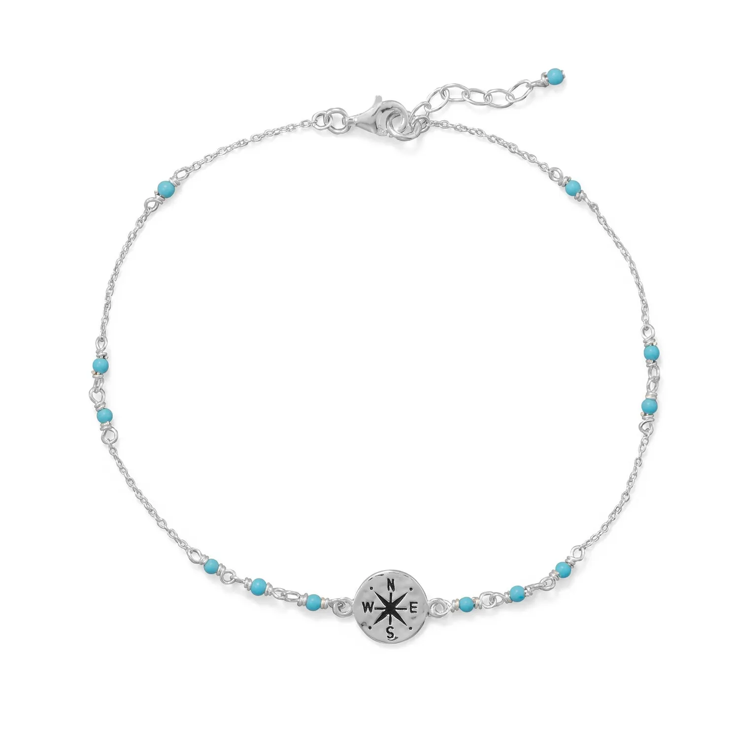 9.25" .75" Blue Beaded Anklet with Compass Charm