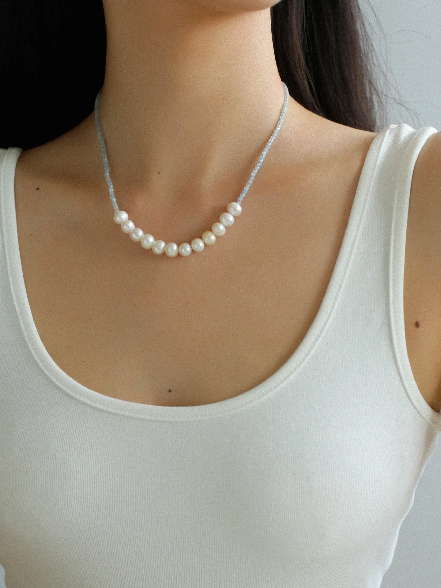 Aquamarine Smile Flat Round Pearl Beaded OT Necklace