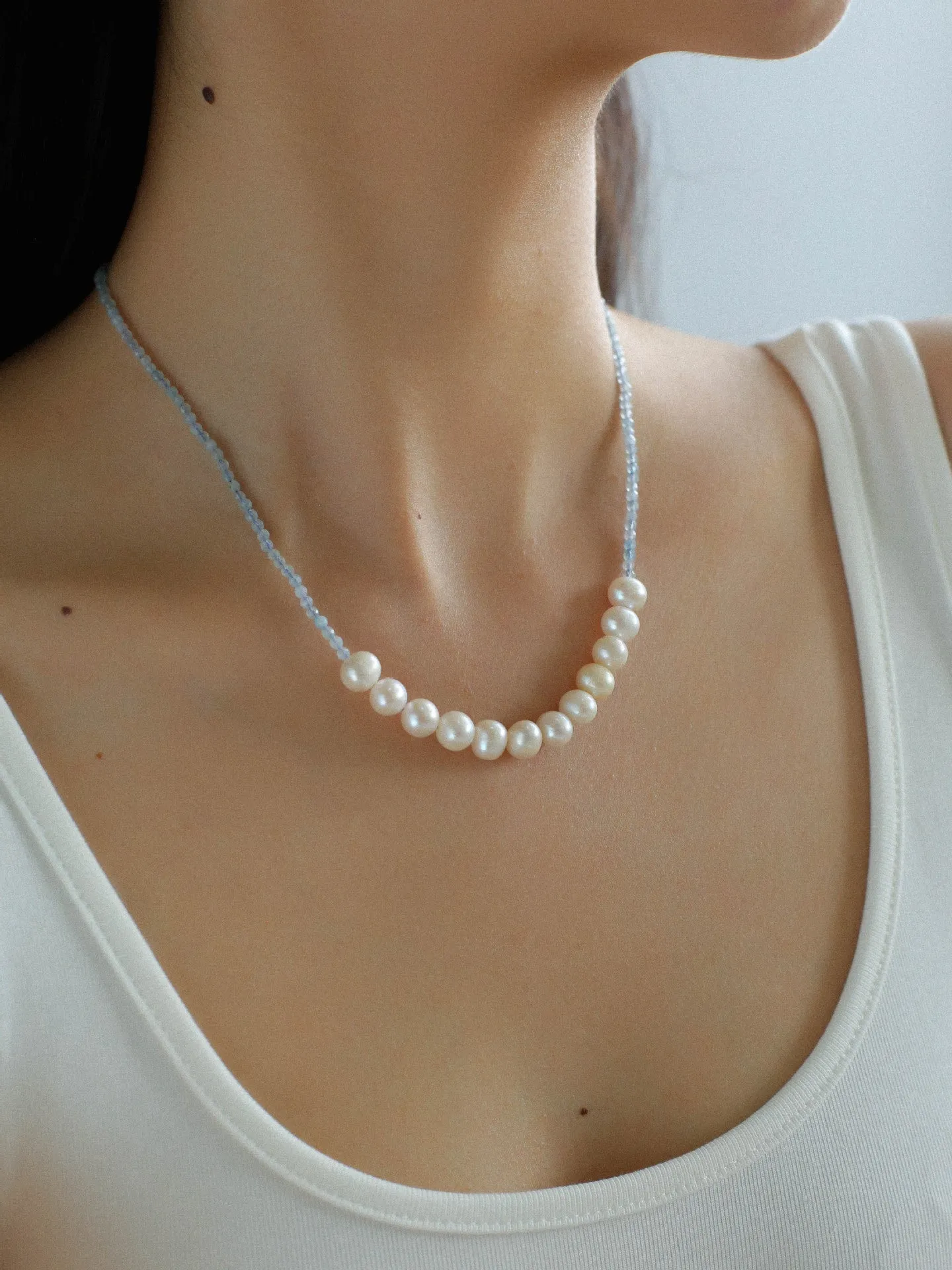 Aquamarine Smile Flat Round Pearl Beaded OT Necklace