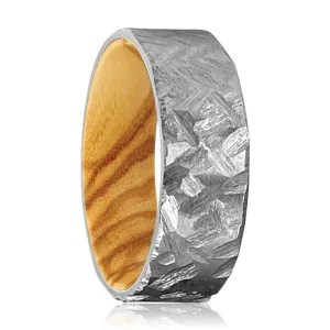 ASPEN | Olive Wood, Silver Titanium Ring, Hammered, Flat