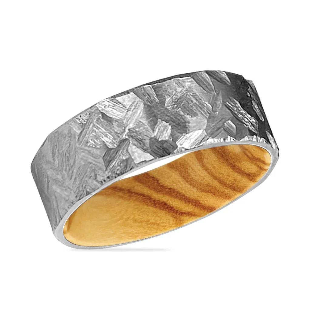 ASPEN | Olive Wood, Silver Titanium Ring, Hammered, Flat