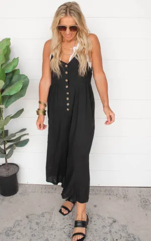 Black Button Down Crepe Jumpsuit - Final Sale