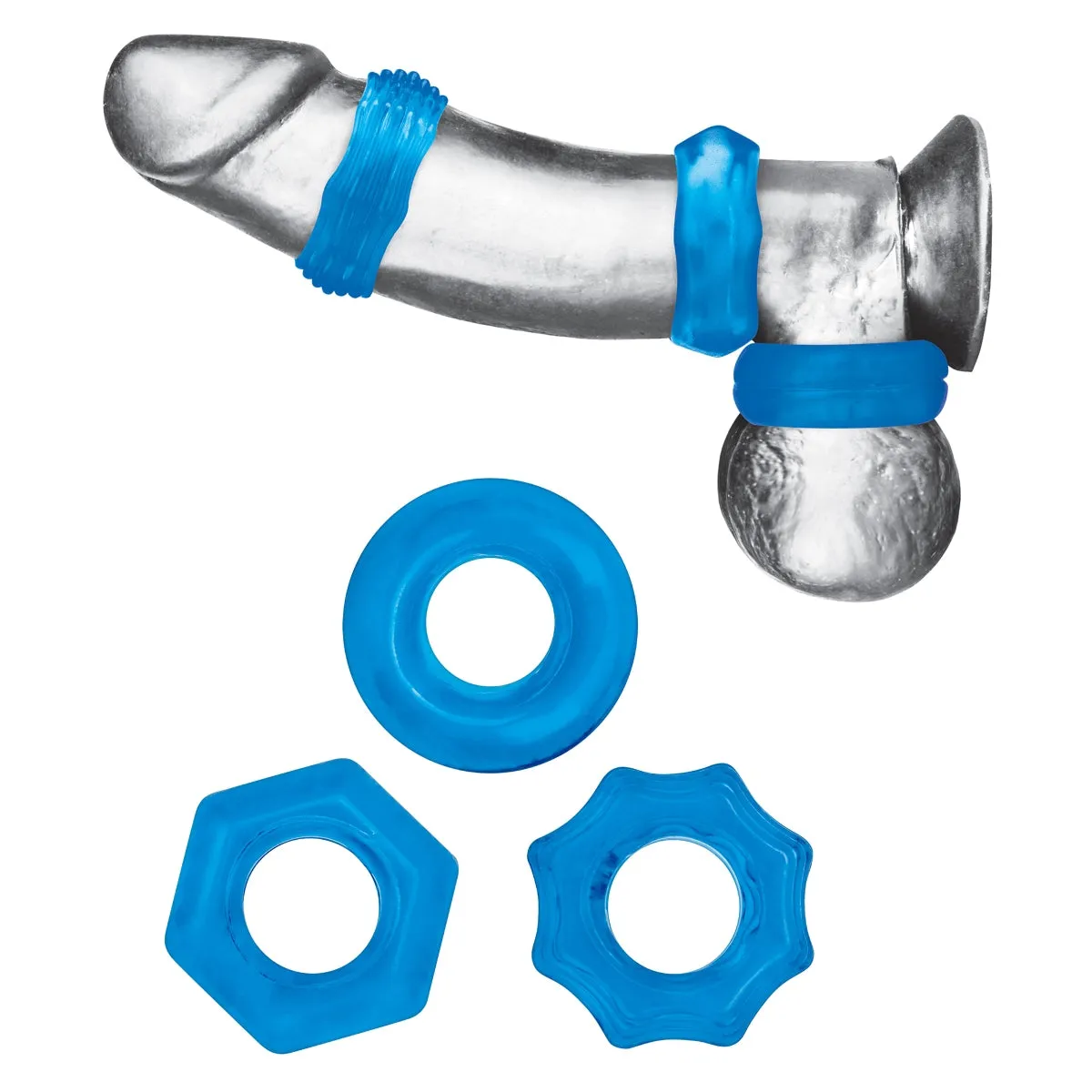 Blue Line Nuts & Bolts Stretch Cock Ring Set 3 Pack Blue