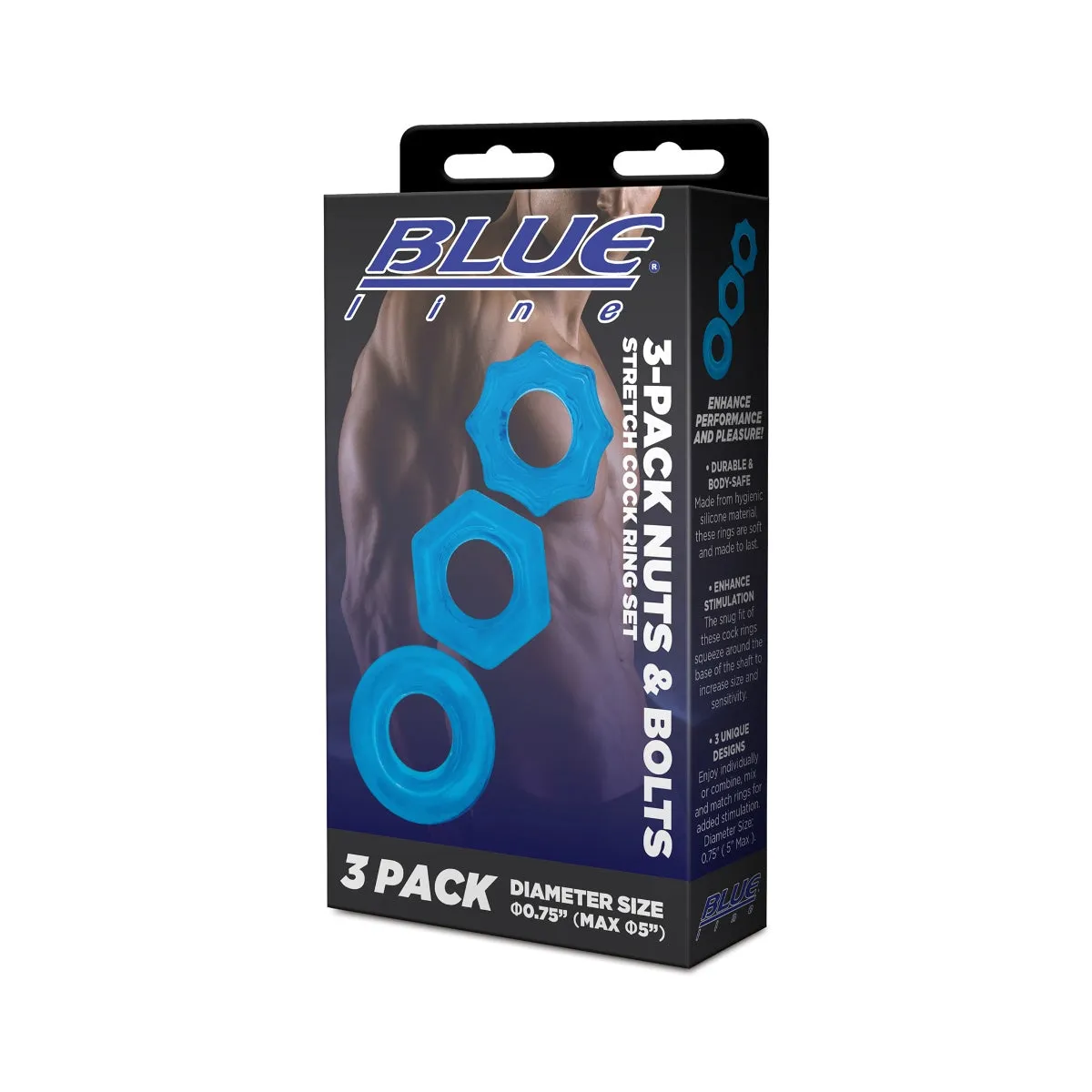 Blue Line Nuts & Bolts Stretch Cock Ring Set 3 Pack Blue