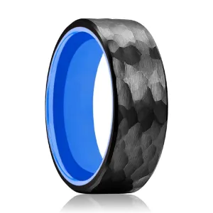 BLUEDEVIL | Blue Ring, Black Tungsten Ring, Hammered, Flat