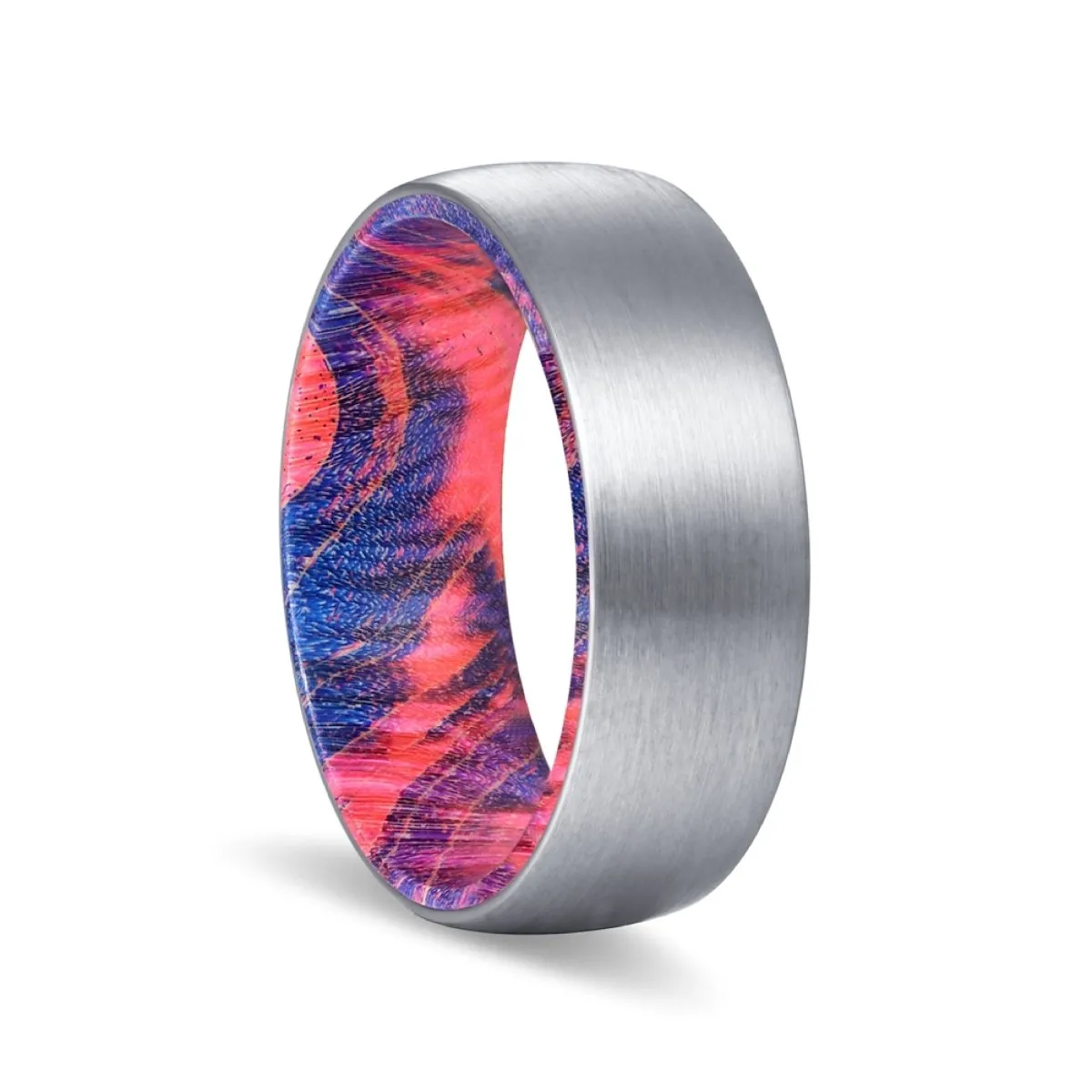 BLUESOX  | Blue and Red Wood, Silver Tungsten Ring, Brushed, Domed