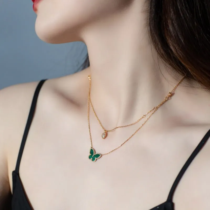 Butterfly Multi Strand Necklace Malachite  Pendant - Gold Vermeil