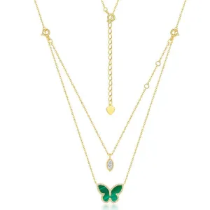 Butterfly Multi Strand Necklace Malachite  Pendant - Gold Vermeil