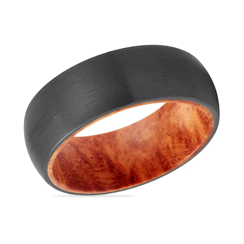 CARMINE | Red Burl Wood, Black Tungsten Ring, Brushed, Domed