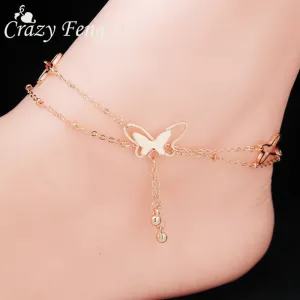 Charm  Butterfly Feet Anklet Jewelry Fashion 2016 Double Gold Chains Anklets For Women Party Foot Bracelet Jewelry Gift