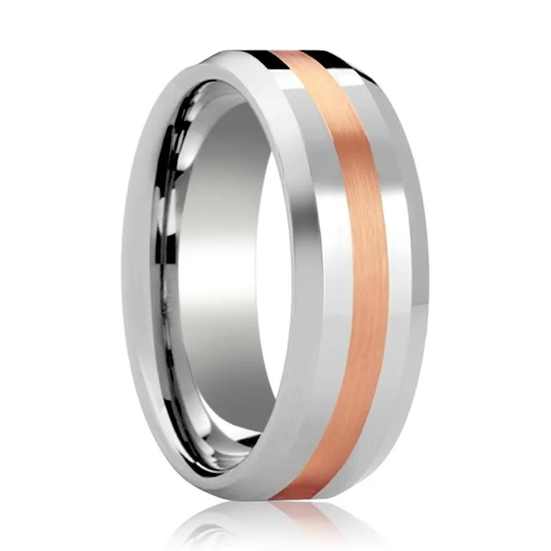 CHIRON | Silver Tungsten Ring, 14k Rose Gold Stripe Inlay, Beveled