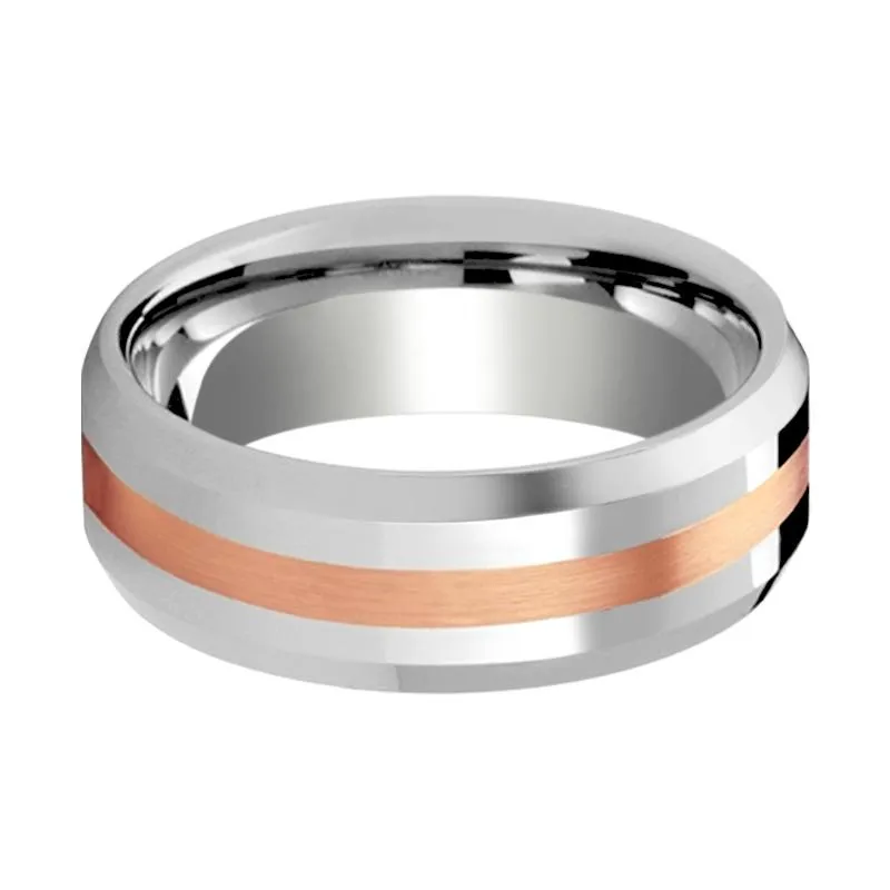 CHIRON | Silver Tungsten Ring, 14k Rose Gold Stripe Inlay, Beveled