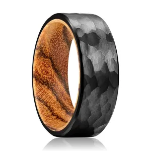 CLOVE | Bocote Wood, Black Tungsten Ring, Hammered, Flat