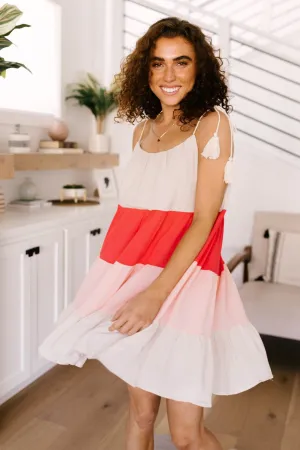 Color Block Ruffles Midi Dress In Pink