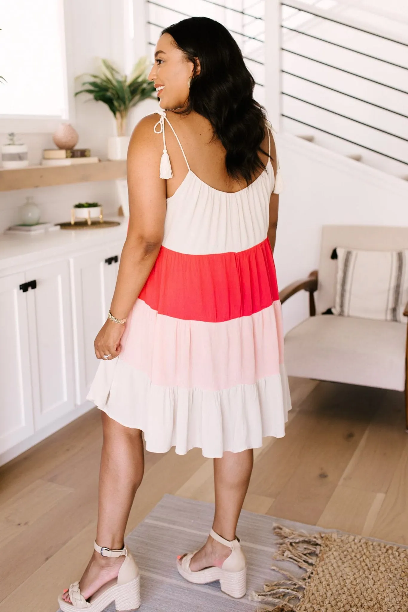 Color Block Ruffles Midi Dress In Pink