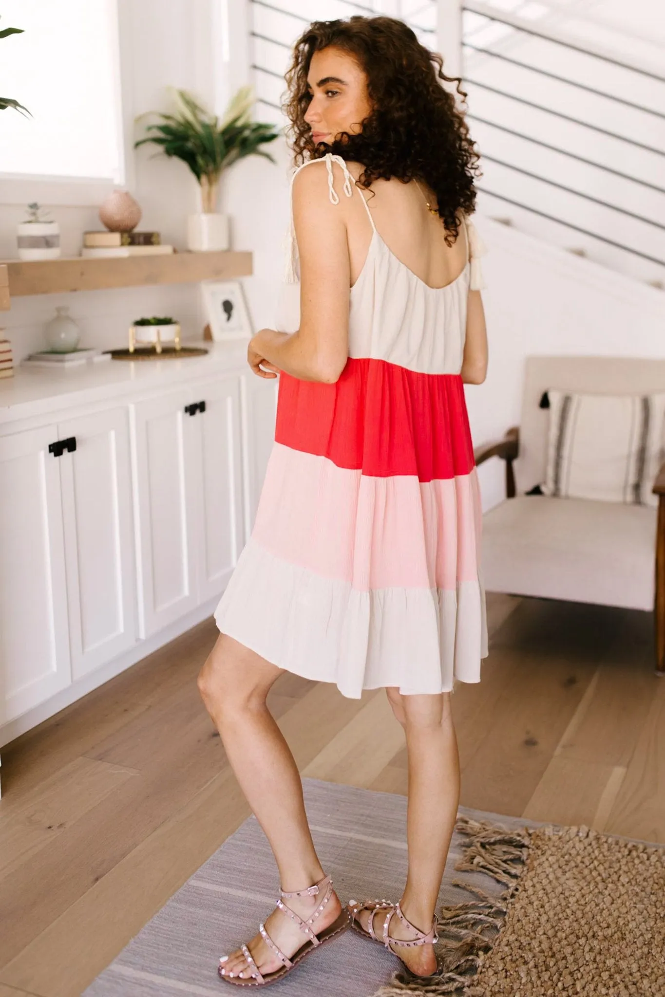 Color Block Ruffles Midi Dress In Pink