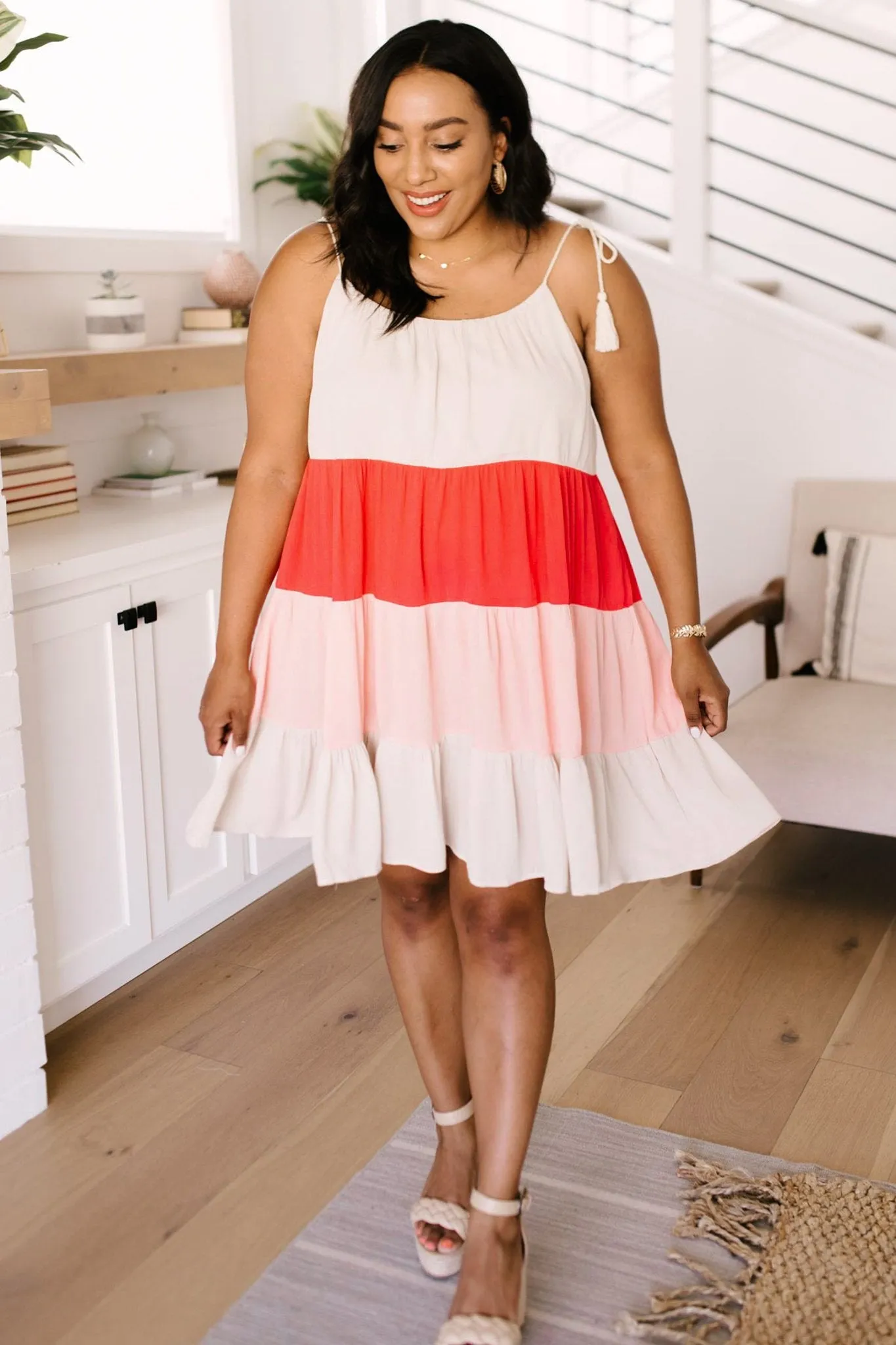 Color Block Ruffles Midi Dress In Pink