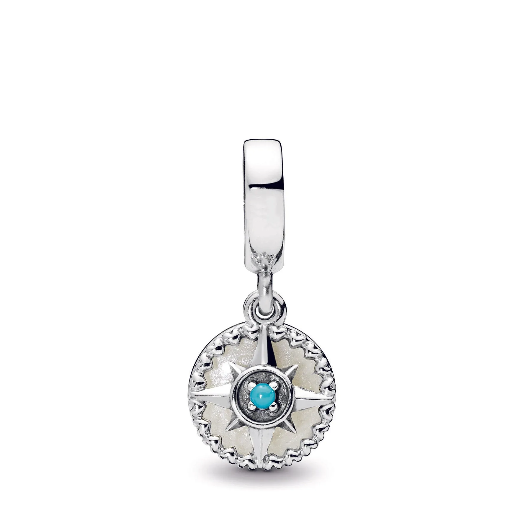 Compass rose silver dangle with silver enamel and cyan blue crystal