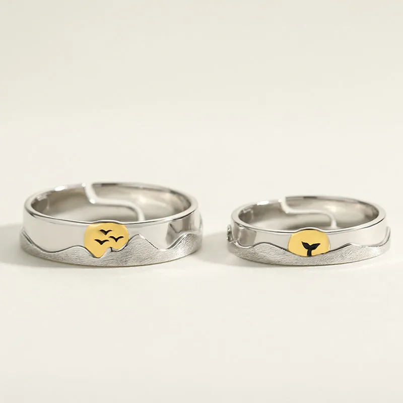 Custom Engravable Ocean Mountain Wedding Rings Set