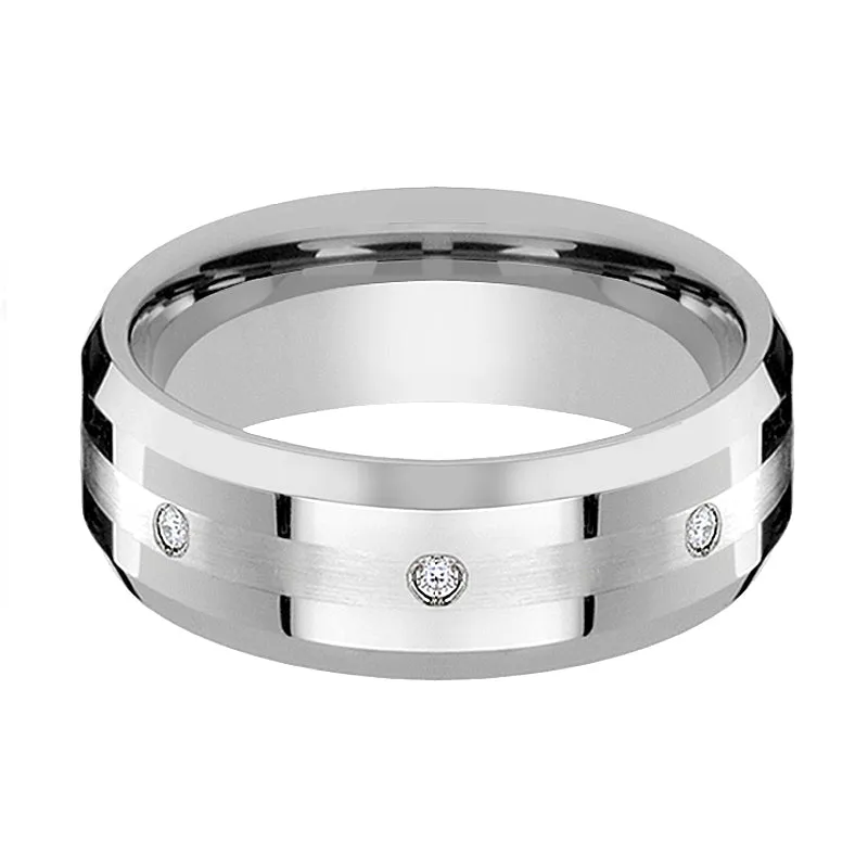 DEVONSHIRE | Silver Tungsten Ring Palladium Inlay & Diamonds, Beveled