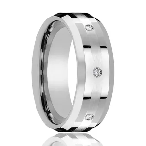 DEVONSHIRE | Silver Tungsten Ring Palladium Inlay & Diamonds, Beveled