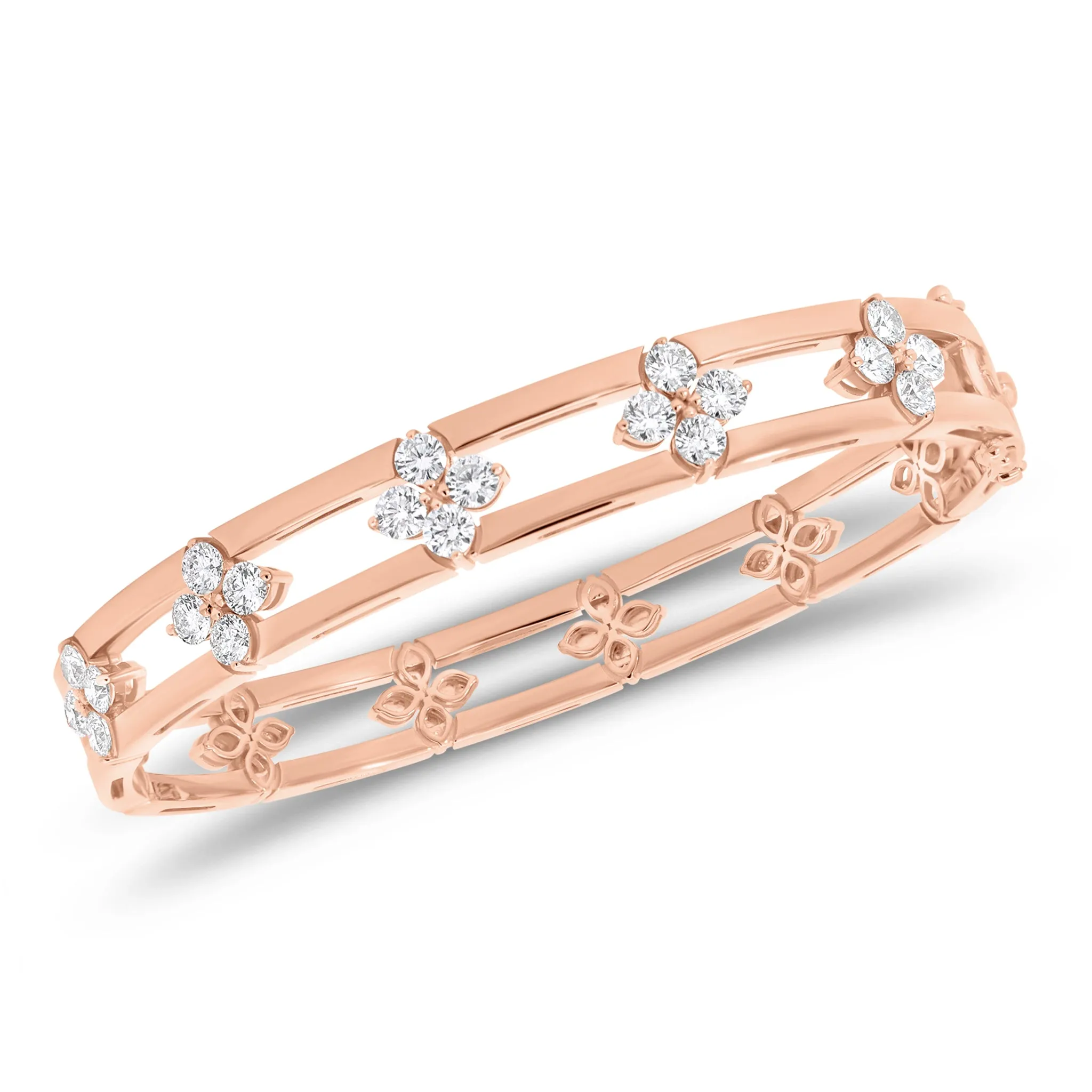 Diamond Flower & Banded Gold Bangle Bracelet