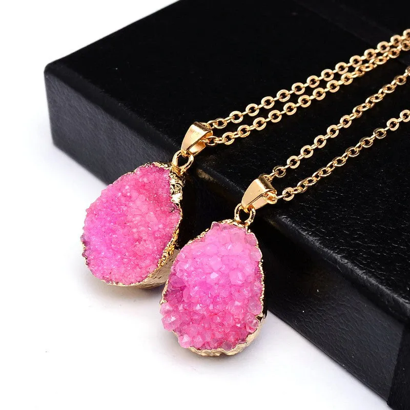 Druzy Quartz Natural Stone Irregular Geode Amethyst 18K Gold Plated Raw Stone Pendant Necklace For Women Quartz Necklace