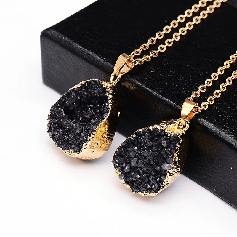 Druzy Quartz Natural Stone Irregular Geode Amethyst 18K Gold Plated Raw Stone Pendant Necklace For Women Quartz Necklace