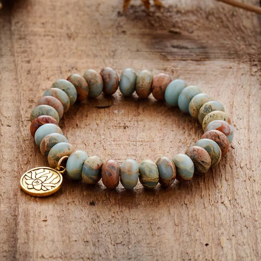 Earthy Jasper Stretchy Bracelet with Lotus Charm