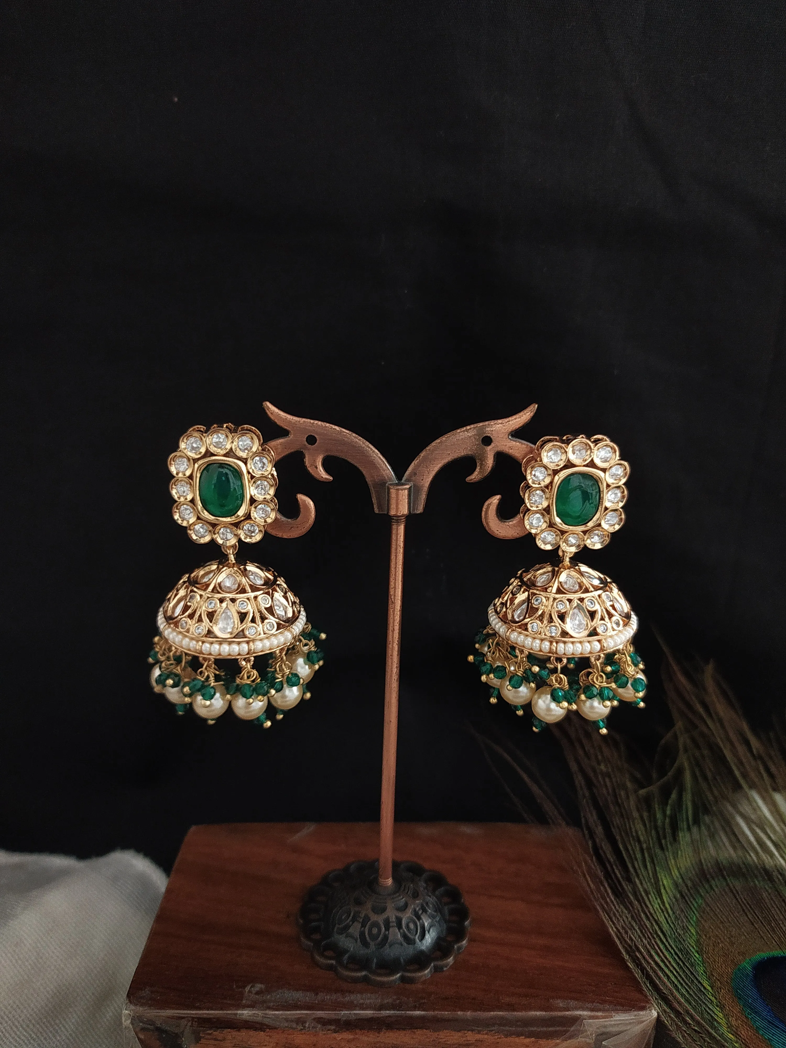 Elegant Kundan Jhumki in Green and Mint with White Stones