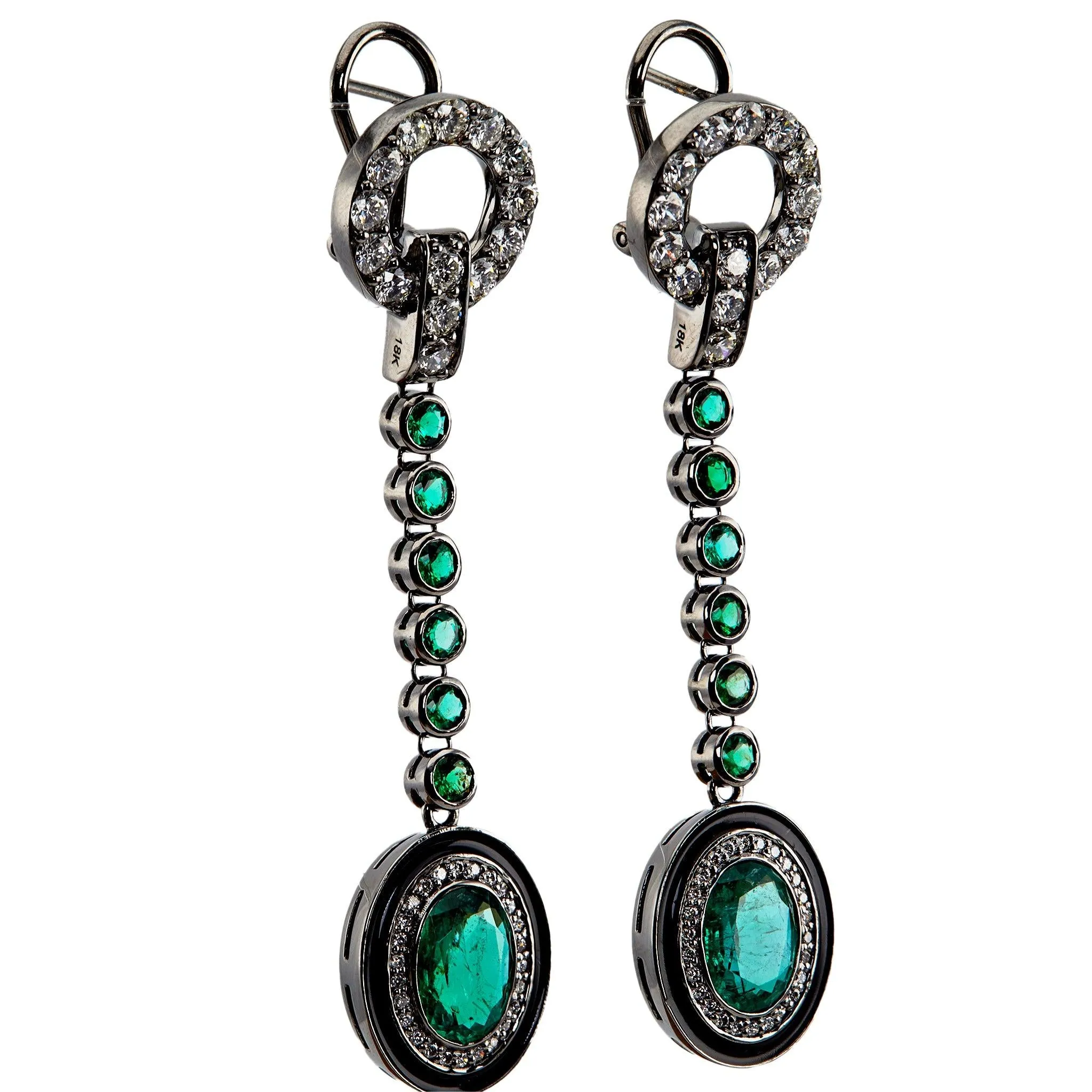 Emerald and Diamond 18k Blackened White Gold Drop Earrings